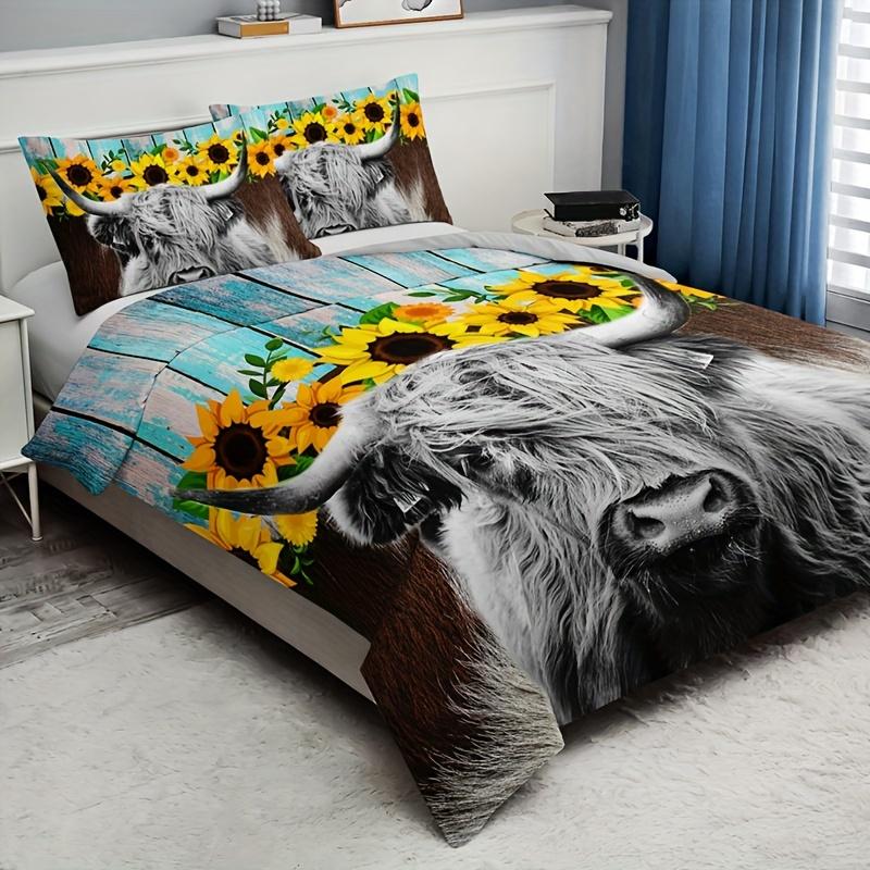 Soft and Comfortable Highland Cow Sunflower Print Duvet Cover Set for Bedroom Guest Room Includes Duvet Cover and 2 Pillowcases