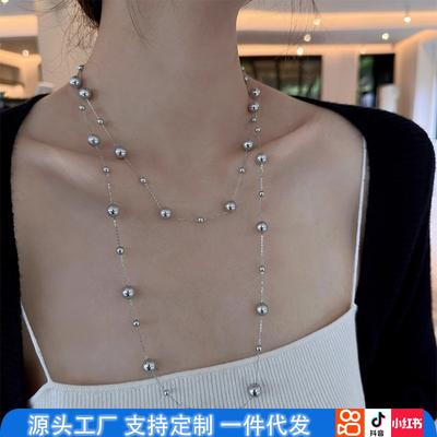 Star Long Gypsy S925 Silver Grey Pearl Necklace Sweater Chain Commuter Texture Bead Sense