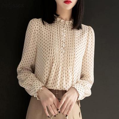 Asiatische Größe Damen Bluse Lockere Elegante Damen Chiffon Tops Schwarz Grün Off White Polka Dot Print Blusen