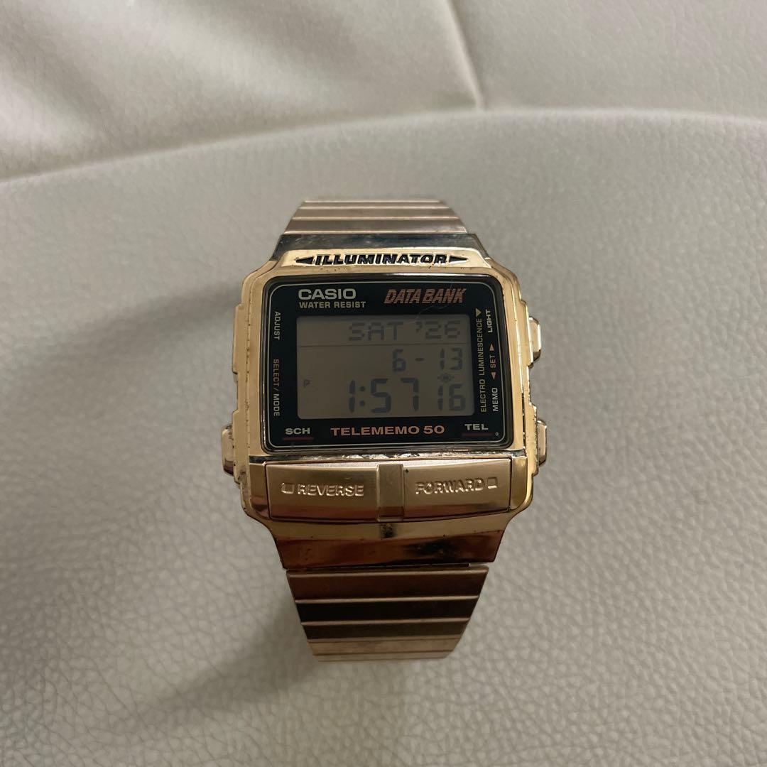 Used CASIO DATA BANK Gold Watch Cheap Casio Battery Replaced