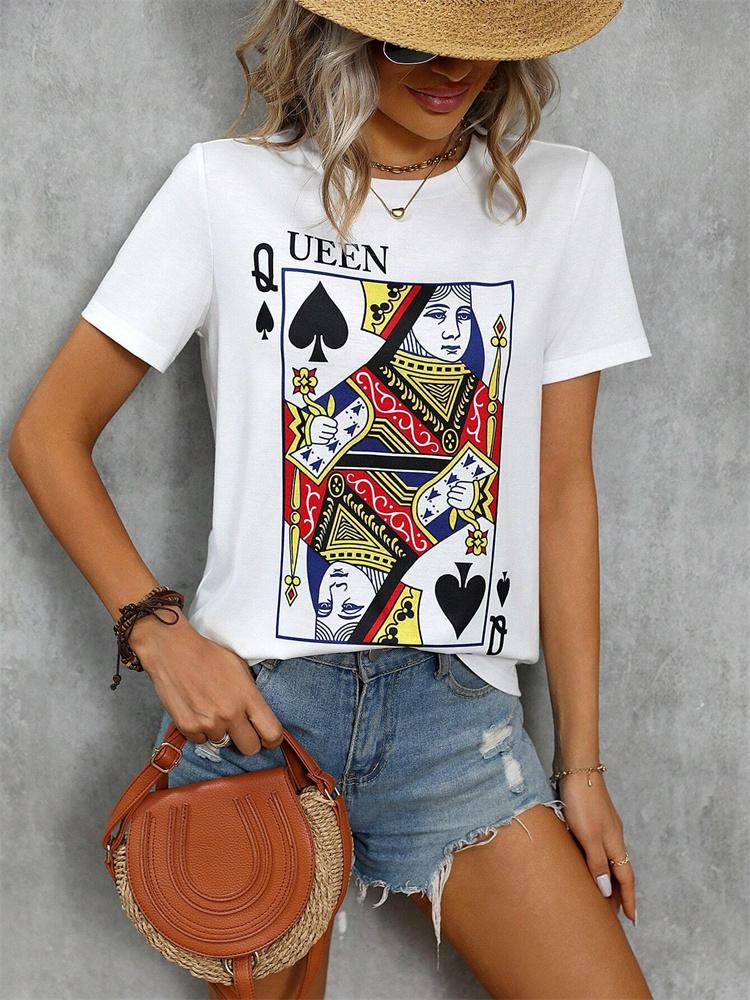 3D Poker Print Women's T-shirt Summer Daily Casual Women's Short-sleeved Top Urban Street Women Fashion Crew-neck T-shirt