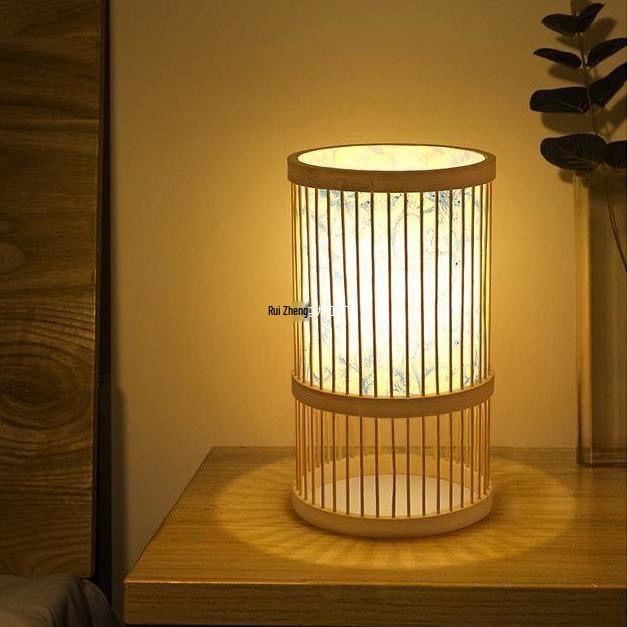 Chinese Zen Bamboo Weaving Table Lamp for Tea Room and Living Spaces