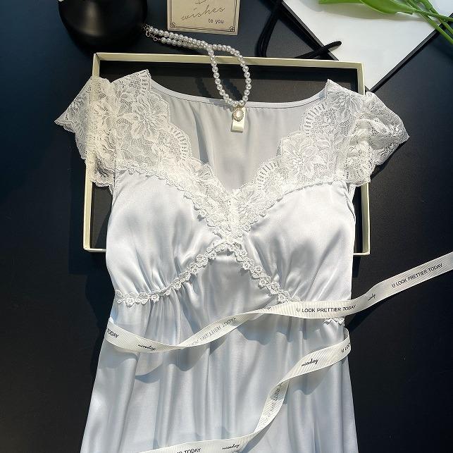 Women’s Summer French Style Ice Silk Short Sleeve Nightgown Long Fairy Dress Lightweight Sleepwear Loungewear Wearable Outdoors