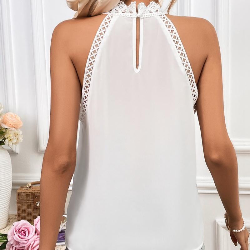 Vară Modă Nouă Decupat Sexy Cămașă Dantelă Femei Elegantă Slim Fit Solidă Bluză Casual pentru Femei Topuri Vintage Fără Mâneci Guler Înalt Cămașă Femei 26649