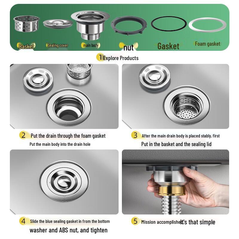 MEJUE 304 Stainless Steel Single Kitchen Sink Drain Kit