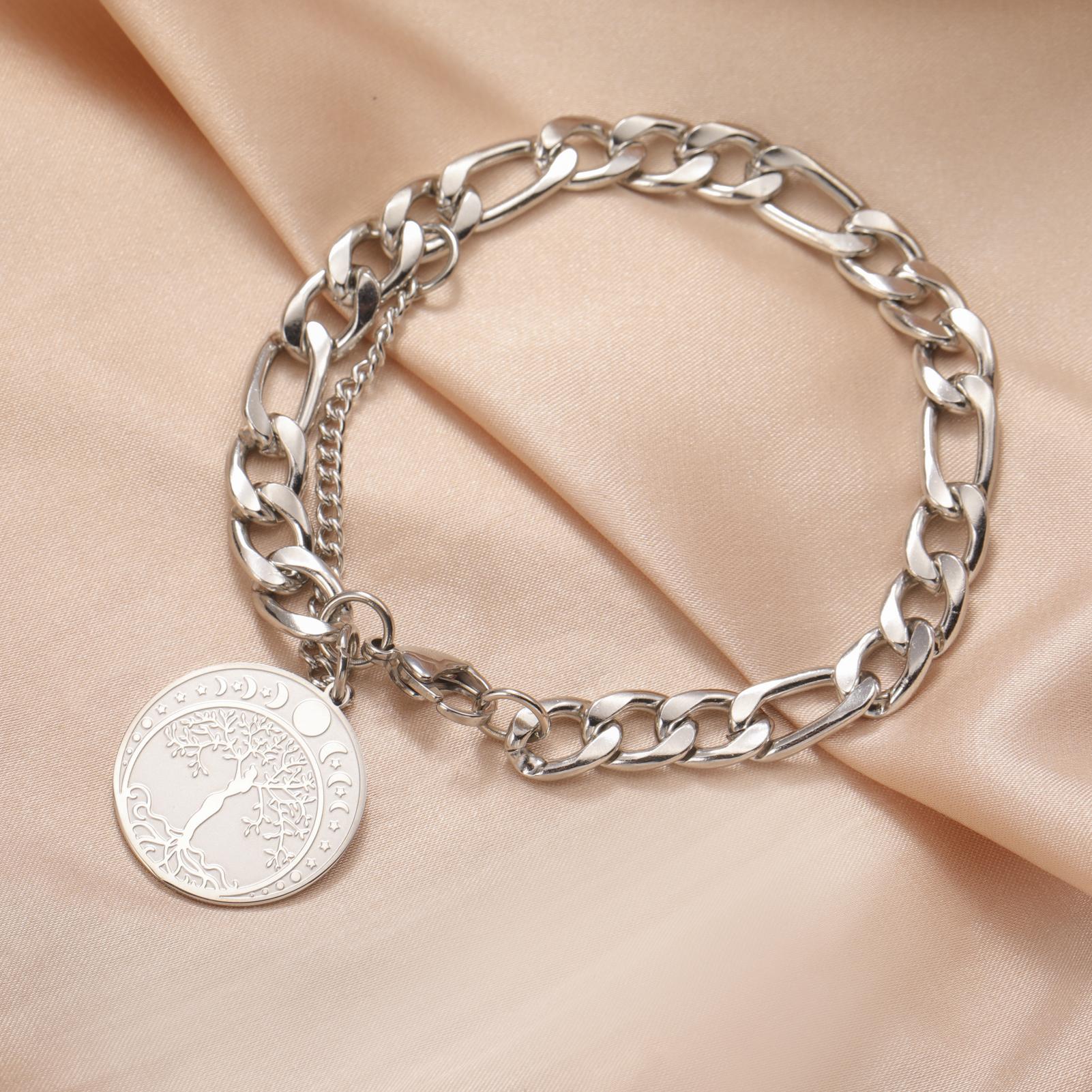 

LIKGREAT Trinity Knot Tree of Life Bracelet for Men Women Stainless Steel Crescent Moon Goddess Medallion Pendant Jewelry Gift 21cm