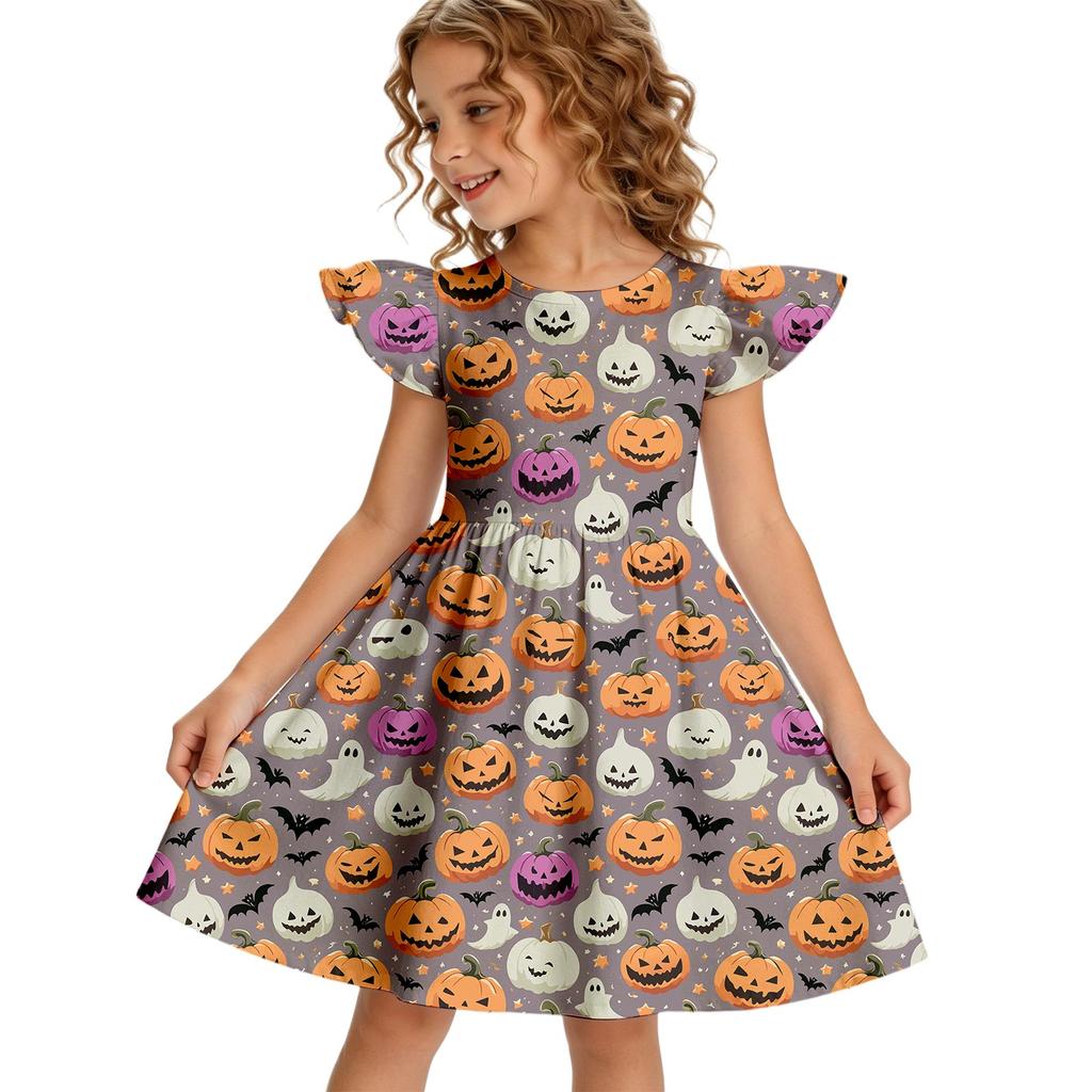 Girls Halloween Casual Dress Ruffle Sleeve Round Neck Dress Lightweight Comfortable Fit for Everyday Wear and Party