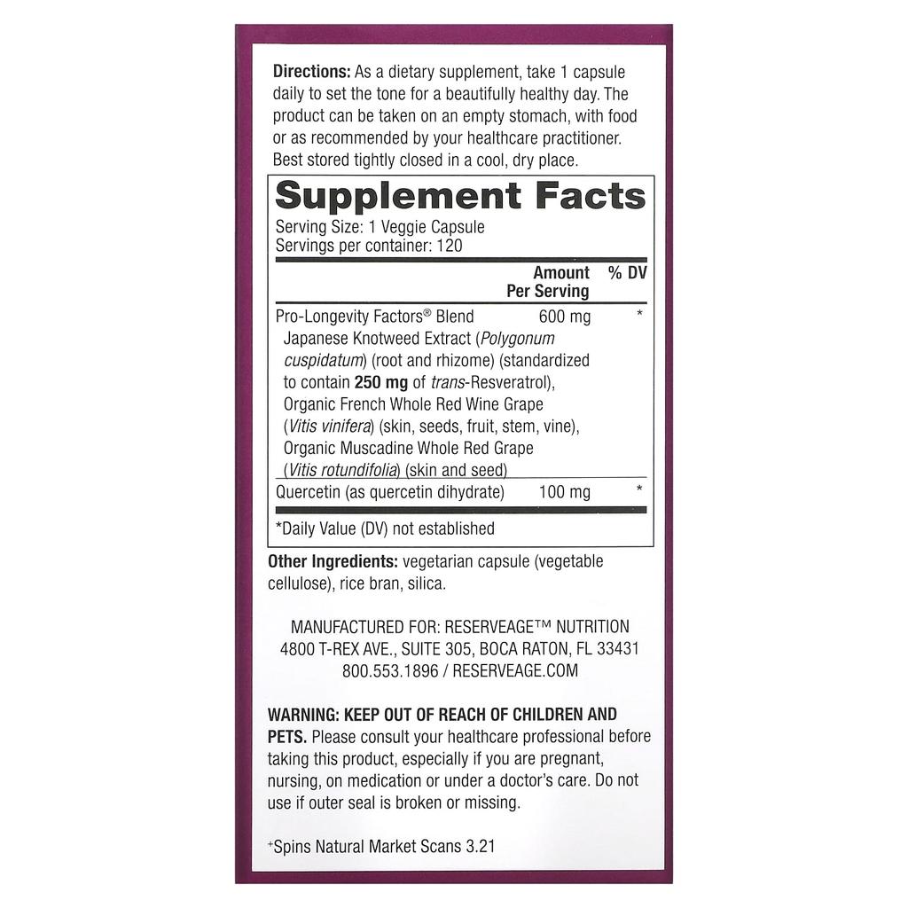 Reserveage Beauty, Resveratrol, Trans-Resveratrol, 250 mg, 120 Veggie-kapsler