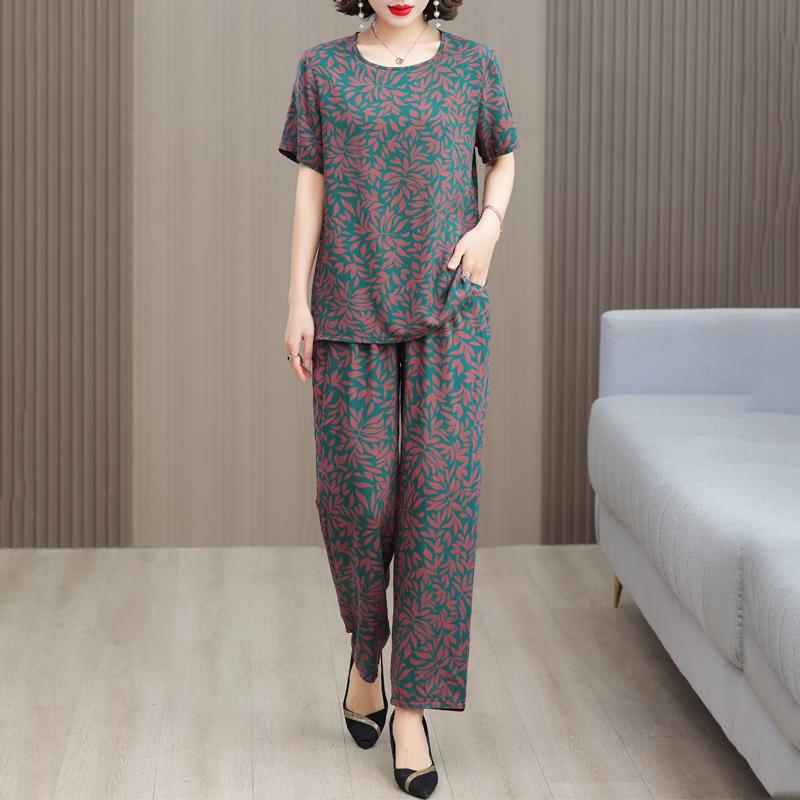 Plus Size Elegant 2 Piece Sets Womens Outfits Summer  Vintage Print Wide Legs Trouser Sets