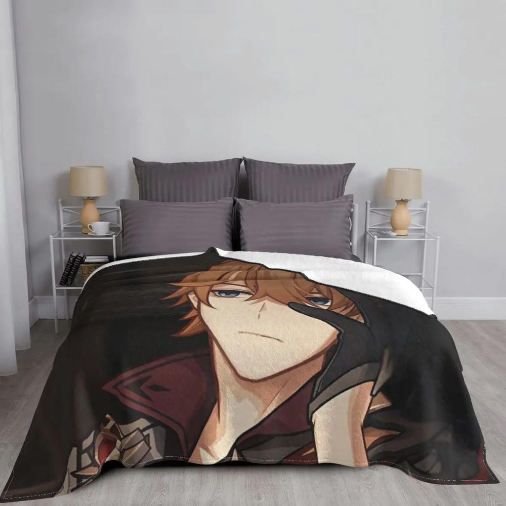 Childe Hutao Tartaglia Genshin Impact Blanket Acg Anime Flannel Funny Warm Throw Blanket for Chair Covering Sofa Autumn/Winter