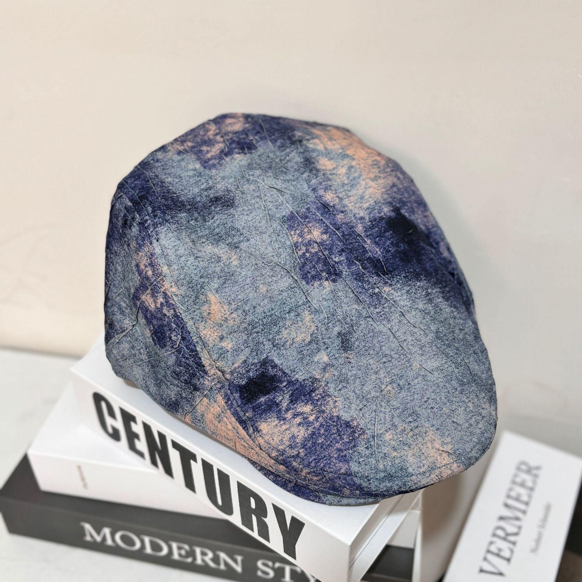 

Outdoor vintage tie-dye pleated forward hat female retro British face little beret fashion painter newsboy hat M（56-58cm） синий