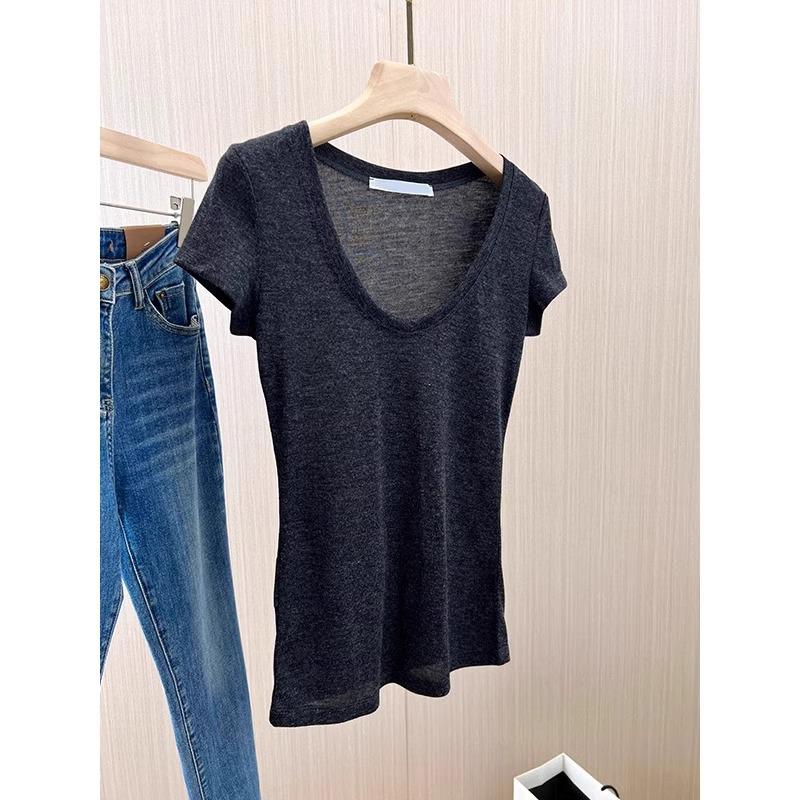 

Женская футболка с U-образным вырезом, открывающая ключицы, однотонная, в корейском стиле - Летняя коллекция 2025, Сладкий и пикантный облегающий крой, Короткий рукав XXL темно-серого