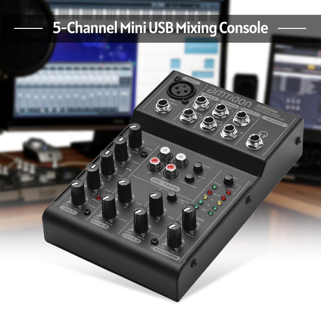 Ammoom AGM05 5-Channel Mini Mixer Mixing Console USB Audio Interface Plug-and-Play +48V Phantom