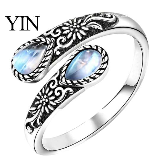 Couple Open Ring Vintage Faux Moonstone Ring, Waterdrop Fake Gemstone Adjustable Women Healing Stone Band Jewelry for Couple,