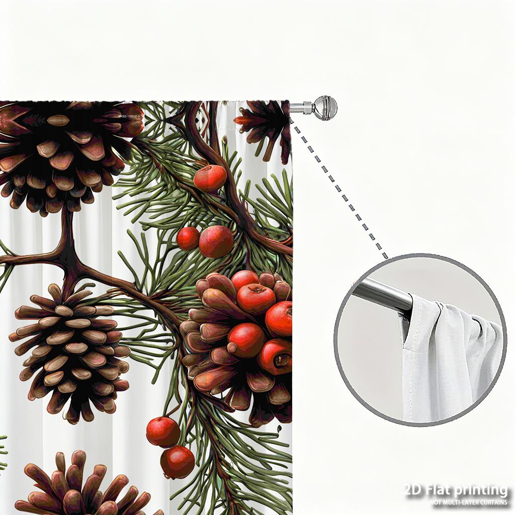 Piece Set High Definition Digital Printed Curtainschristmas Pinecones Redberries Greenbranches Nature Style Seamless Patter Curtains Made Of Polyester