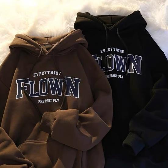 Unisex Fall Spring Hoodie Letter Print Hooded Long Sleeves Elastic Cuff Big Pocket Mid Length Solid Color Daily Wear Casual Couple Top