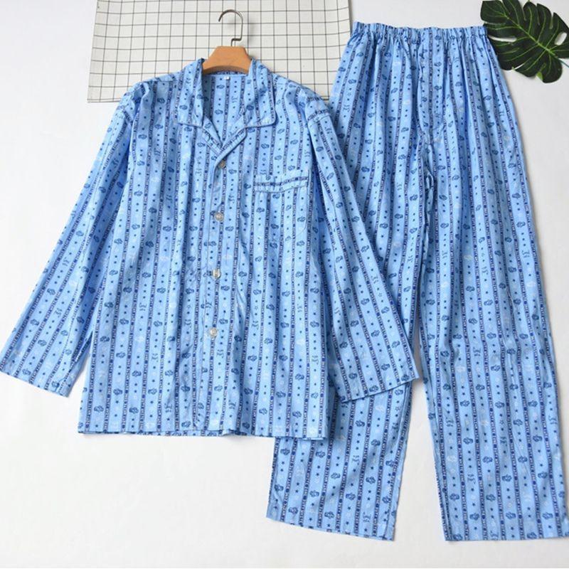 Foreign Trade Orders Exported To Japan Summer and Autumn Thin Men's Woven Pure Cotton Printing Comfortable Long Sleeve Trousers Pajamas Home Wear Set