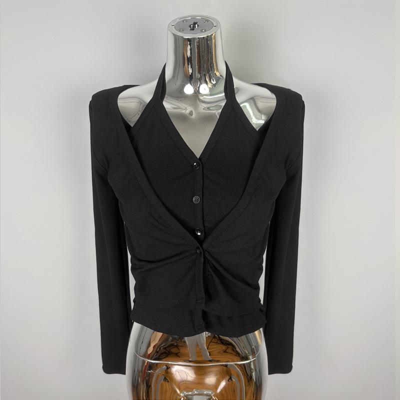 Elegant Korean Halter Neck Long Sleeve Women s Top One Size чёрный