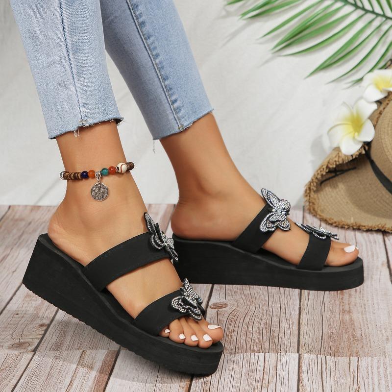 Summer New Slope Heel Sandals Women's Round Head Open Toe Sequin Butterfly Knot Thick Soled Non-slip Slippers
