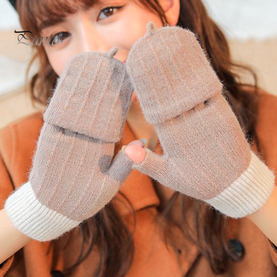 1 Paar Winterhandschuhe für Damen mit umklappbarer Abdeckung, dicke gestrickte, elastische Anti-Rutsch-Handschuhe, Kontrastfarbe, Wärmedämmung, fingerlose Handschuhe für