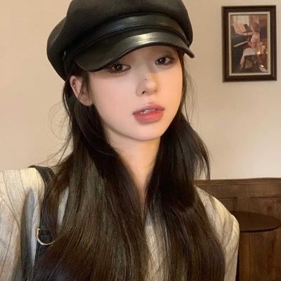 Spring and Autumn Wear Hat Women's Quality Retro Leather Edge Octagonal Hat Versatile Face Newsboy Hat