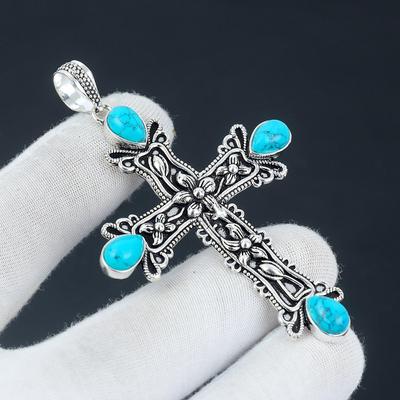 Ciondolo con pietra preziosa turchese Ciondolo con pietra preziosa naturale turchese fatto a mano in argento sterling 925 con croce per regali Ciondolo per lei, gioielli da donna