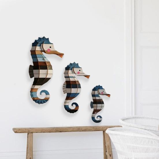 3 Pcs Wood Seahorse Wall Decor Ocean Coastal Theme Wall Art Vintage Sea Life Sculpture Hanging Decoration for Bathroom Bedroom Living Room Home Decor