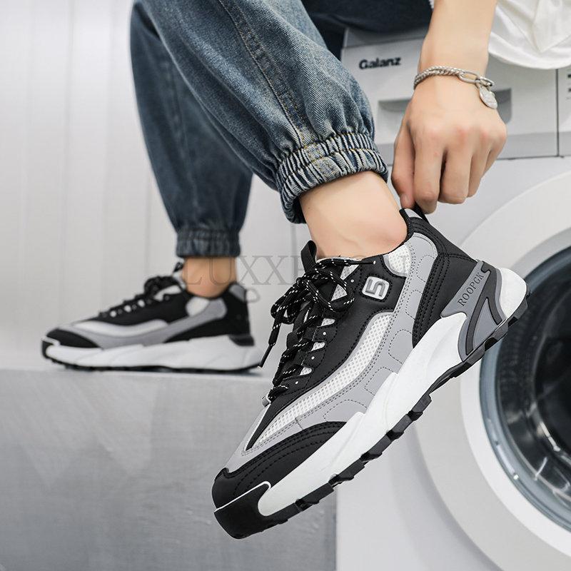 Chunky Sneakers Men Cover Bottom Board Shoes Fashion Casual Leather Mesh Breathable Increased Internal Platform Running Shoes