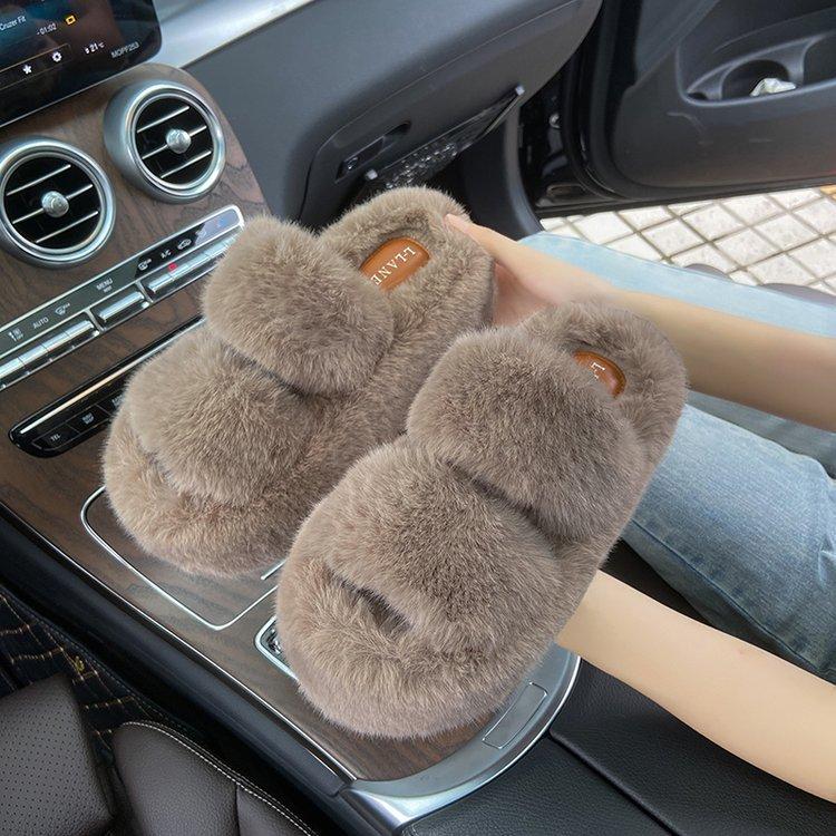 7Cm thick bottom milk tea color evening wind fluffy slippers women's 2025 autumn and winter new outer wear soft bottom cotton slippers outer wear