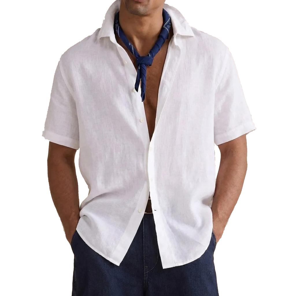 Men's Casual Button-down Loose Short-sleeved Shirt - Men's Plain Cotton Breathable Shirt Top