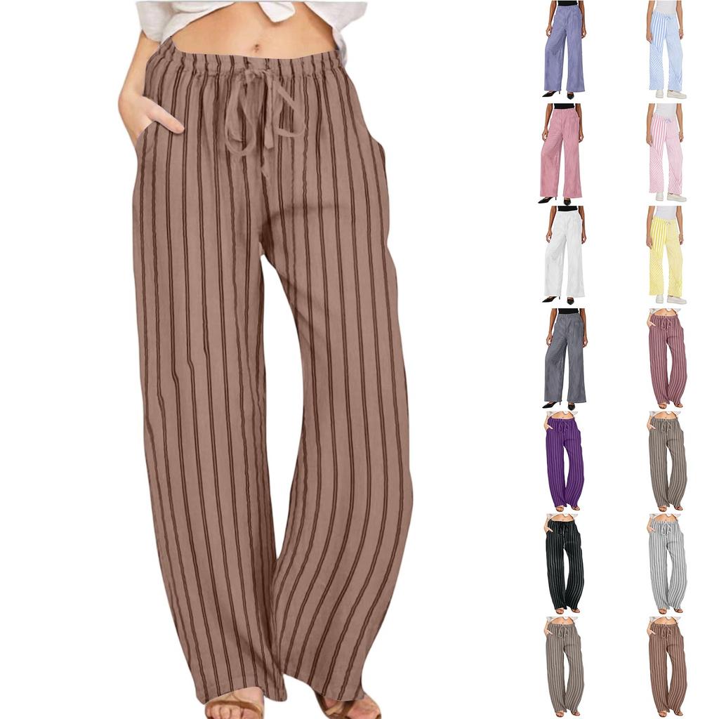 Ladies' Loose, Comfortable, Casual, Fashionable Striped Cotton And Linen Pants With Pockets