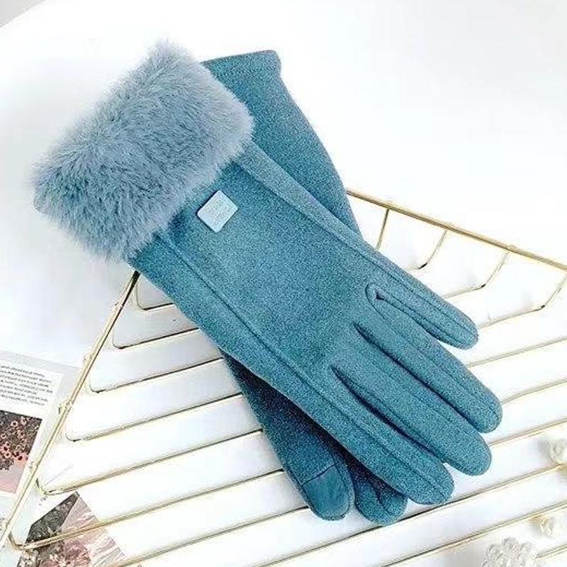 Winter Rabbit Fur Mouth Full Finger Touch Screen Plus Velvet Warm Gloves For Women