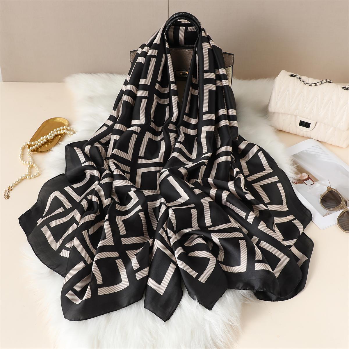 

New Geometry Design Large Silk Soft Scarf Women Stylish Print Long Shawl Handkerchief Summer Sun Protection Elegant Travel Wrap 90x180cm