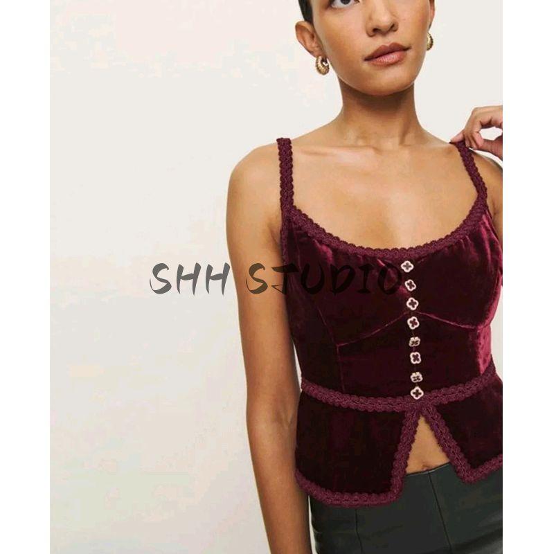 Spring New Women's Clothing French Sexy Style Lace Silm Four-Leaf Clover Decorative Buttons Velvet Spaghetti Straps Vest