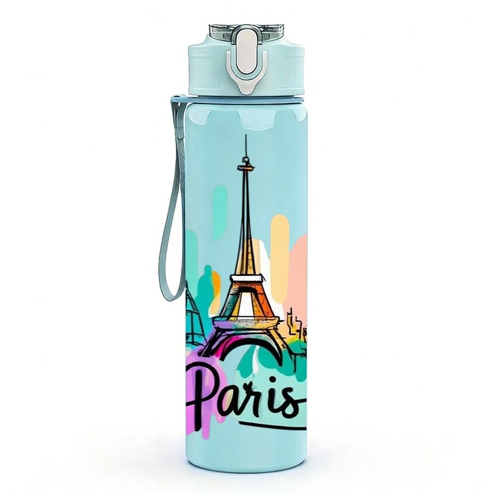 1 Stück Paris Eiffelturm Stadt Druck 750 ml Farbe Kunststoff Sport Wasserflasche Auslaufsicher Klappdeckel mit Strohhalm Geeignet für Sport Büro Zuhause dunkelblau