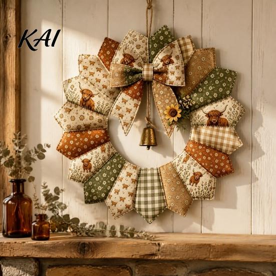 Pastoral Style Home Decoration DIY Patchwork Garland Crafting Kit, Retro Floral Fabric Set with Bells Spring Seasonal Door Ornament And Simulated