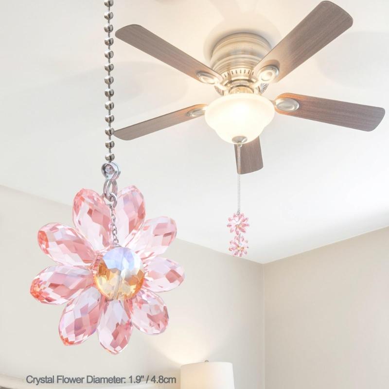 Pack Of 2 Crystal Flower Fan Pull Chains with Adjustable 24 Inch Decorative Pulls for Ceiling Fan & Light Switches Decors
