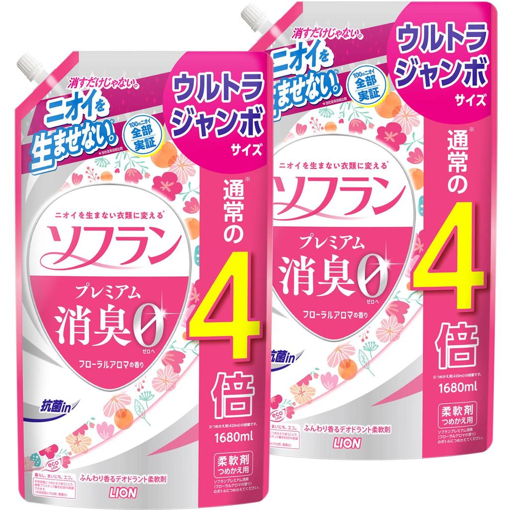 SOFLAN Premium Deodorizing Floral Aroma Fabric Softener Ultra 1680ml x [Large Capacity] Refill, Jumbo, 2-Pack