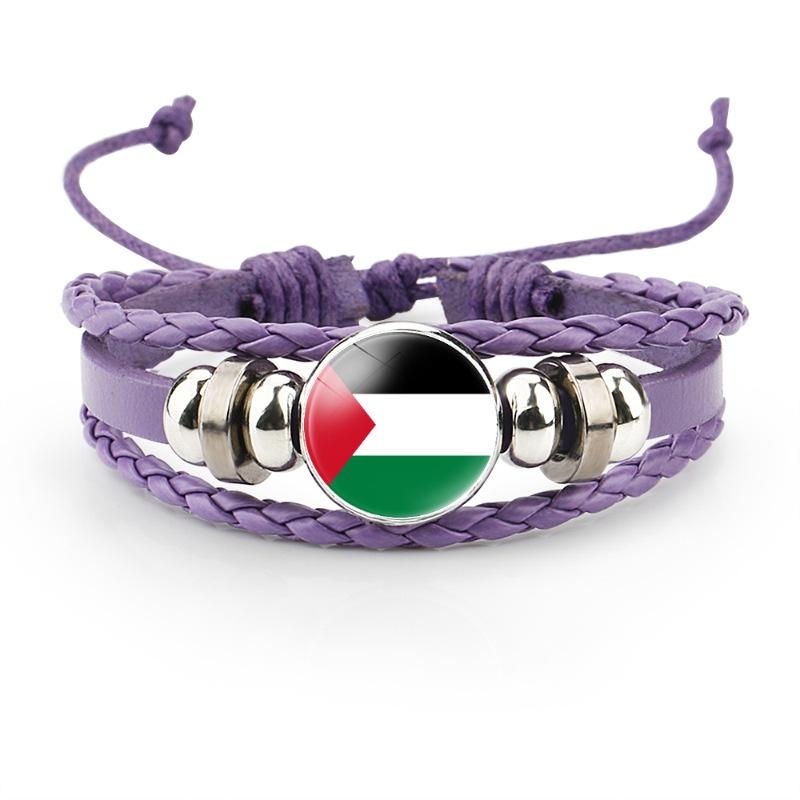 Palestinian Flag Design Gemstone Multi-layer Leather Bracelet Handcrafted Leather Rope Wristband Wholesale