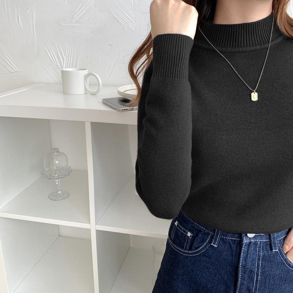 Autumn and Winter Women's Padded Thickened Sweater Single Layer Mid-collar Half-high Neck Knitted Bottoming Shirt Mink Warm Tops