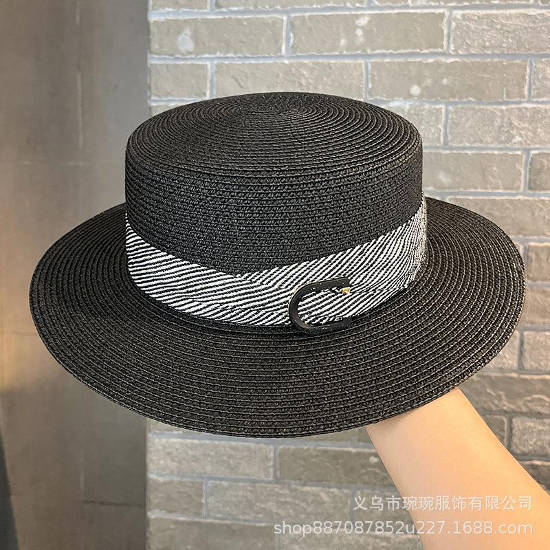 Summer metal letter label webbing straw hat women's face small fashion new sunshade sunscreen flat top top hat