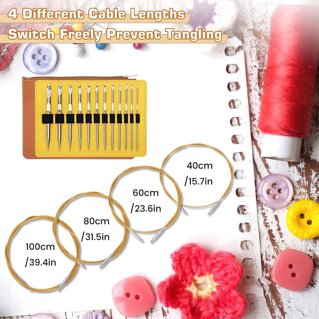 Tunisian Crochet Hook Set, Interchangeable Tunisian Crochet Hooks Set with Cable 3.0mm-10.0mm, 12 Sizes Metal Tunisian Crochet Hooks, Ergonomic