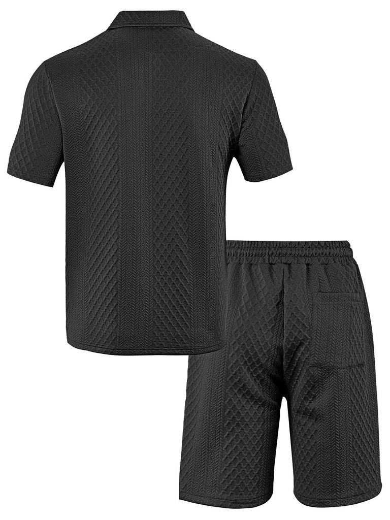 Men's Summer Jacquard Button Lapel Short Sleeve Polo Shirt & Shorts Set
