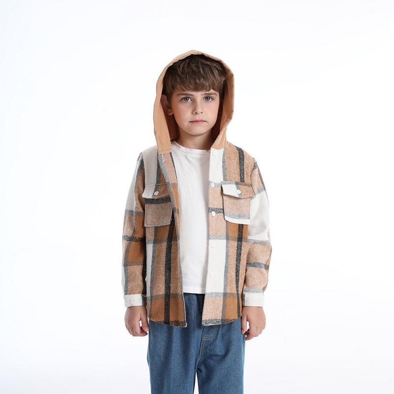 Children's Autumn Winter Plaid Fleece Hooded Long Sleeve Jacket, Casual Fashion Unisex Versatile Top for Older Kids