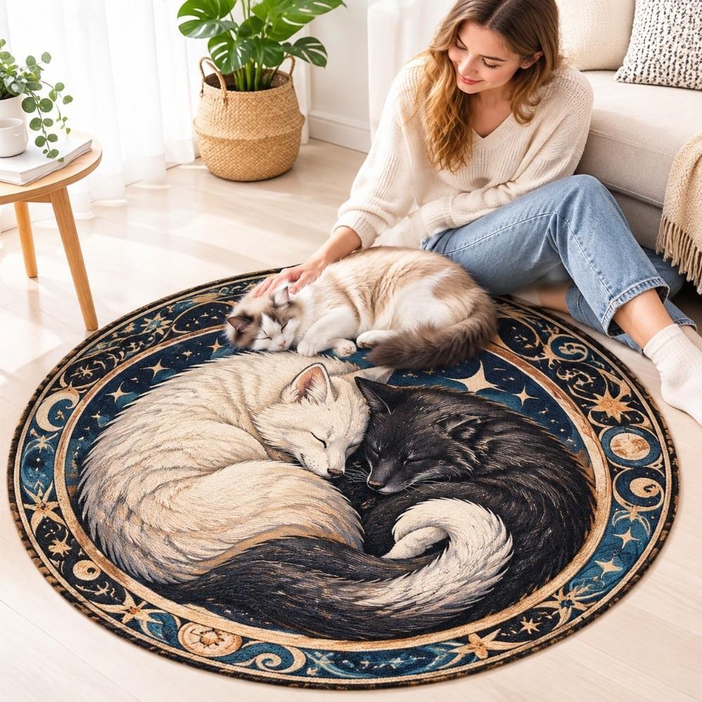 Non-Slip Mandala Area Rug Moon Star Print Cat Shaped Carpet Sofa Coffee Table Decor