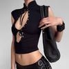 European and American summer new fashion stand-up collar metal button decoration hollow strap waist top wholesale
