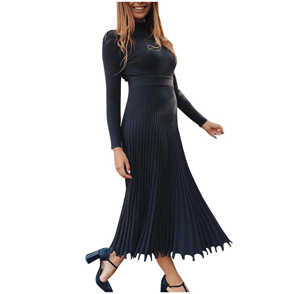 Fashion Women Solid Knitted Dress Long Sleeves Bottoming Pleated Dress