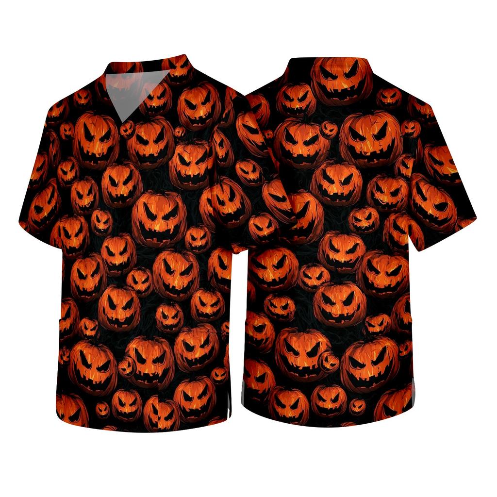Men's Short Sleeve V-Neck Halloween Print Scrub Top with Chest Pocket