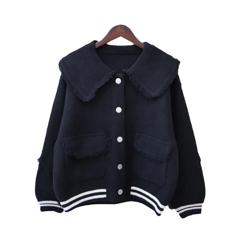 Doll collar fringed knitted double-sided cardigan autumn and winter new loose design temperament sweater jacket women