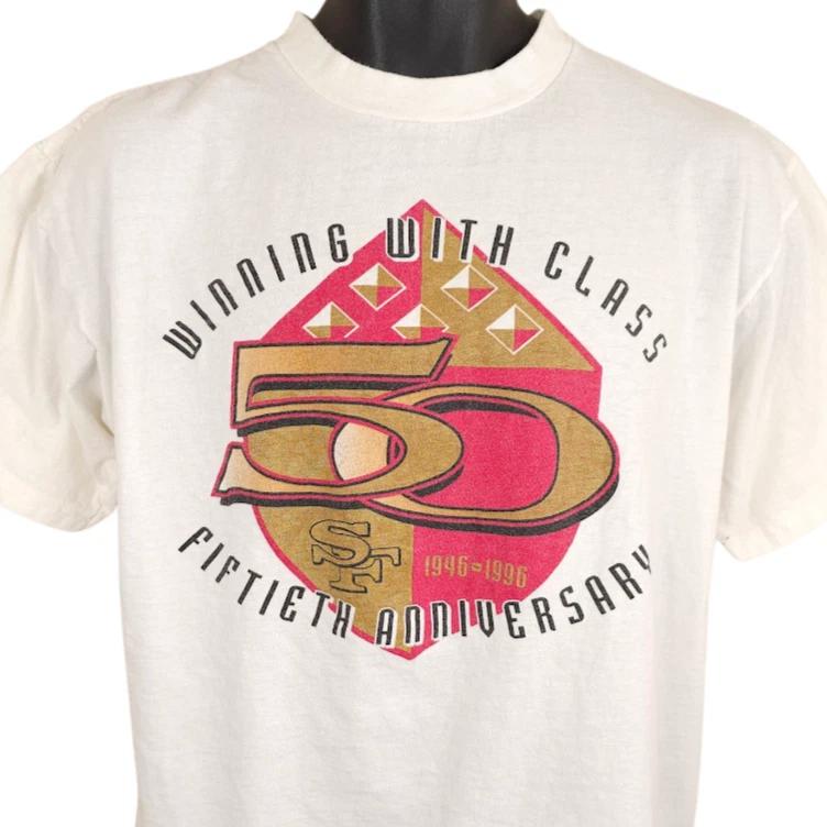 

Vintage San Francisco 49ers 100% Cotton T-shirt Mens Tees Top Mens Size Large White 90s 50th Anniversary XL